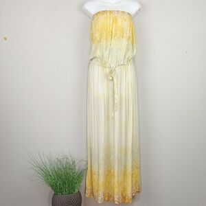 Women's Strapless Yellow Ombre Botanical Print Boho Beach Maxi Dress sz L